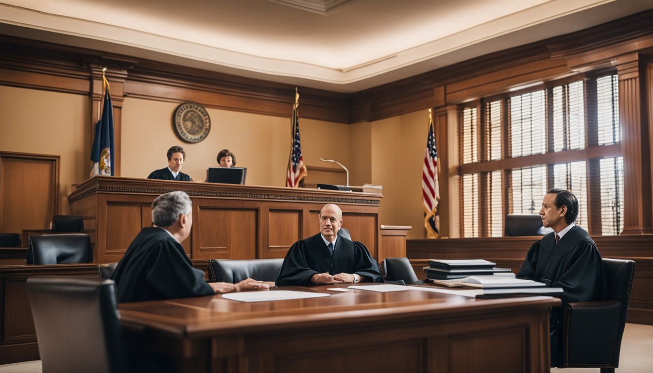 A courtroom scene with a judge and lawyers discussing mental illness as it pertains to Article 41 of the Penal Code